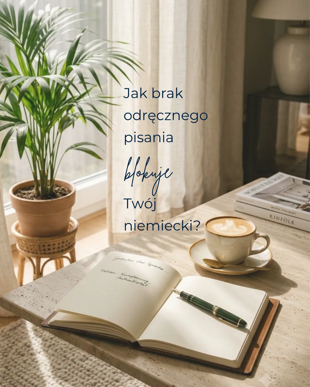 „Jak brak odręcznego pisania blokuje Twój niemiecki?” — post na Instagramie: otwarty notes z odręcznymi niemieckimi notatkami, zielone pióro i filiżanka kawy w ciepłym, jasnym wnętrzu.